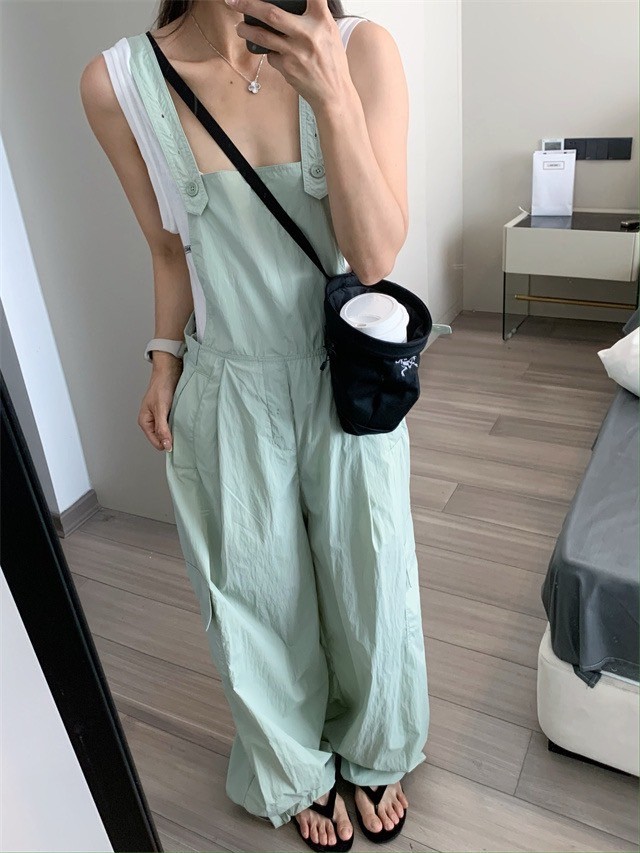 大推~夏款寬鬆闊腿工裝背帶褲清爽休閒長褲