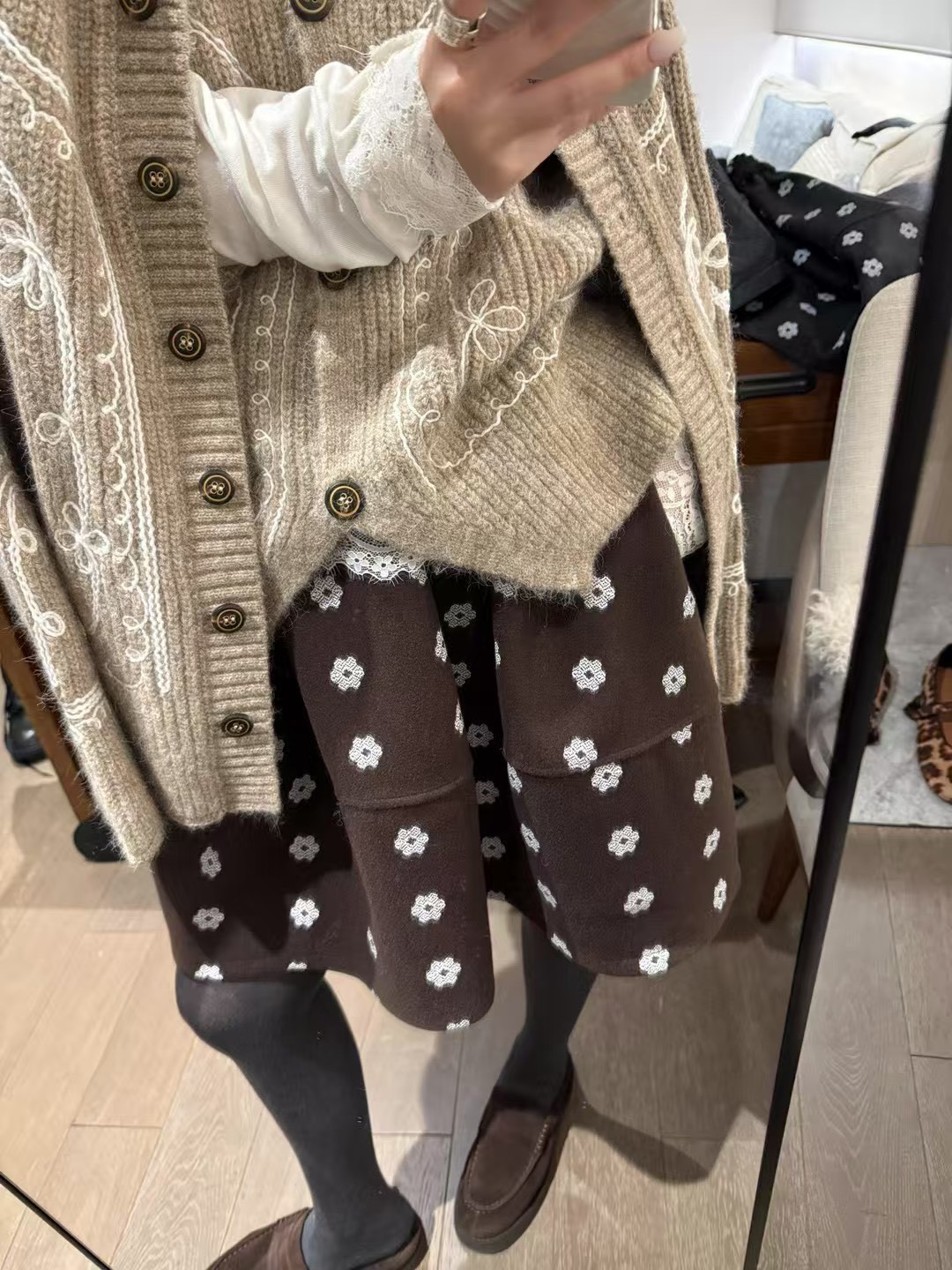 鬆緊腰印花花苞半身中裙