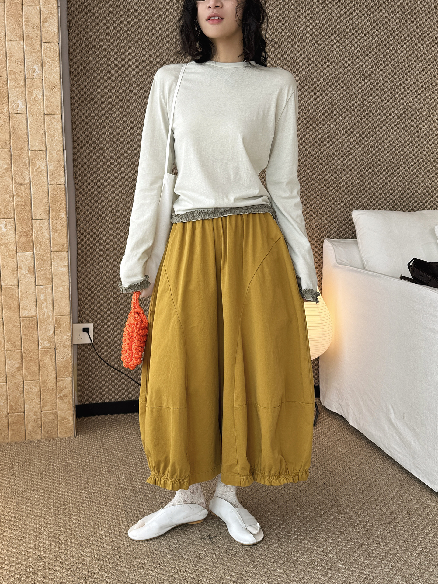 鬆緊腰立體燈籠寬鬆輪廓九分褲