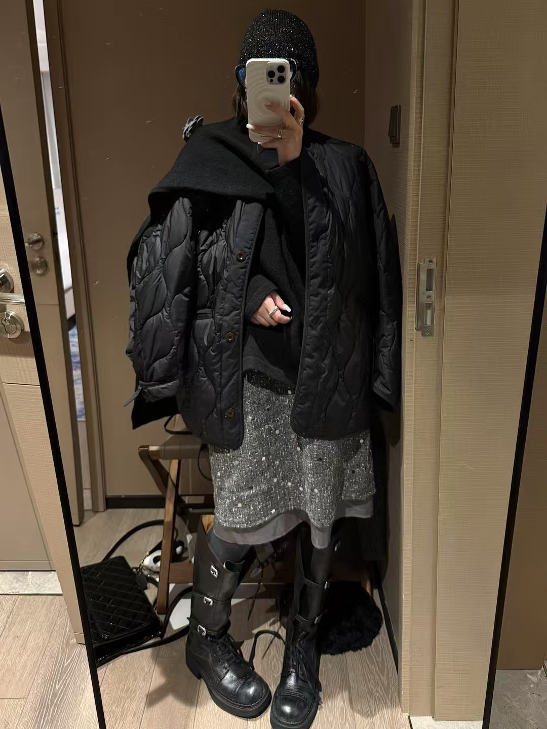 西裝外套釘珠套裝假兩件半身中裙