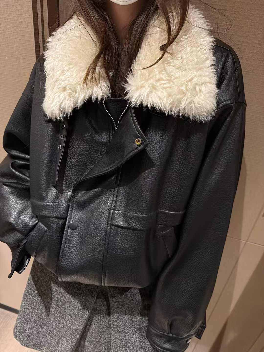 環保皮保暖毛領夾棉外套