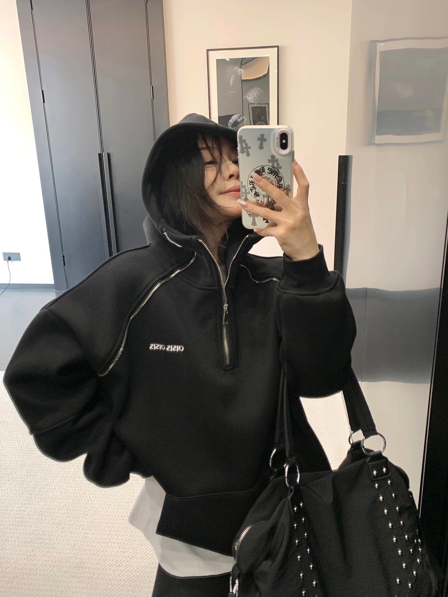 半拉鏈設計款加絨帽Ｔ