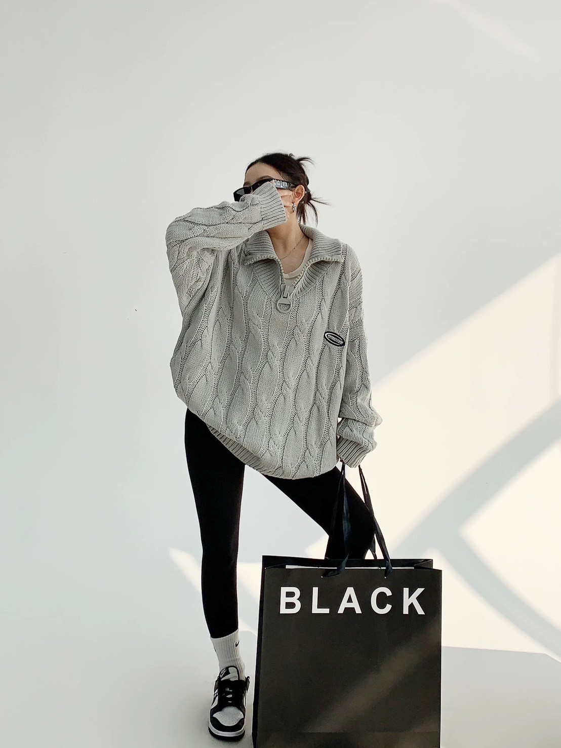 厚針織寬鬆大拉鍊立領毛衣