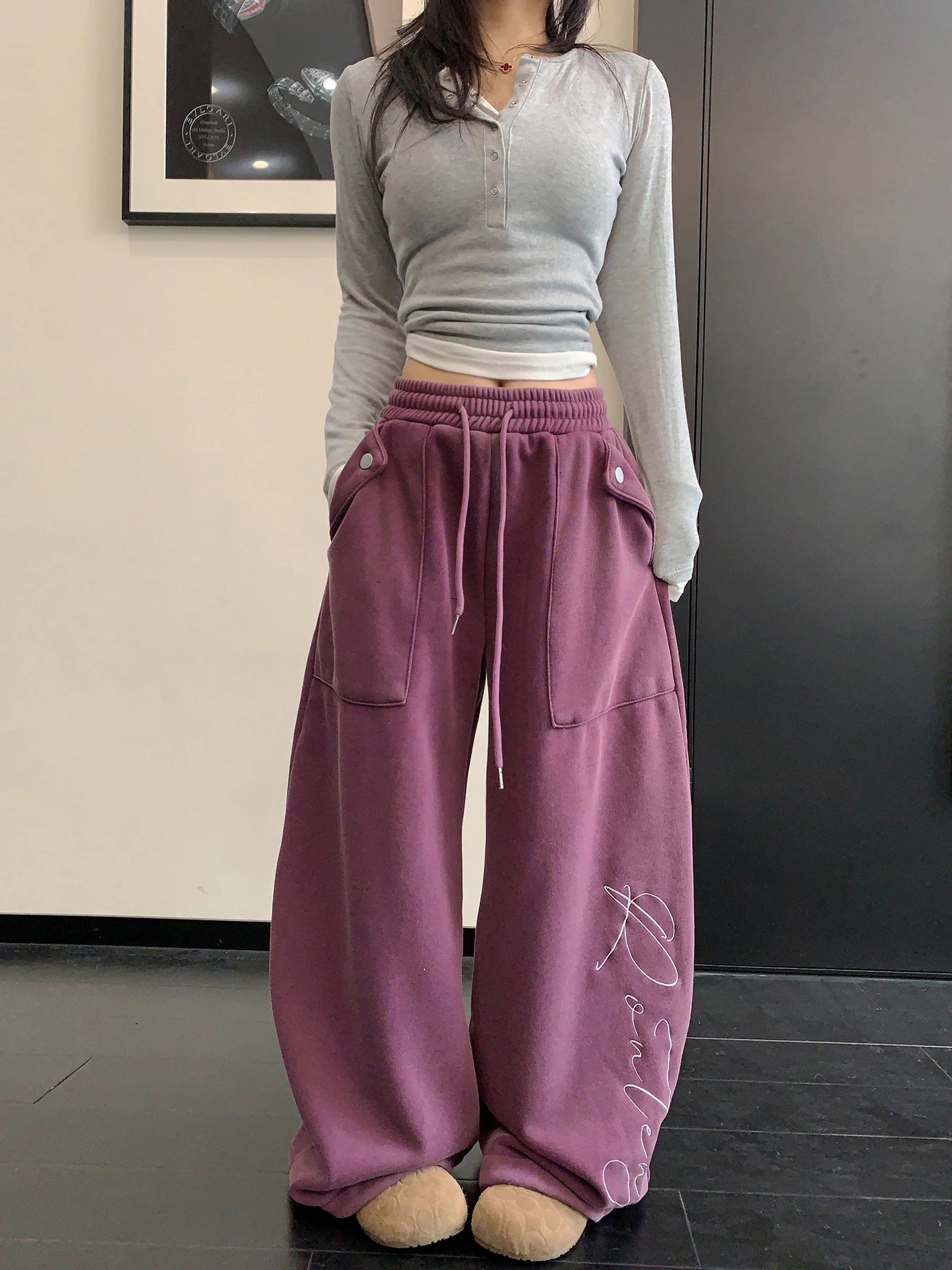 冬季美式復古加絨闊腿褲