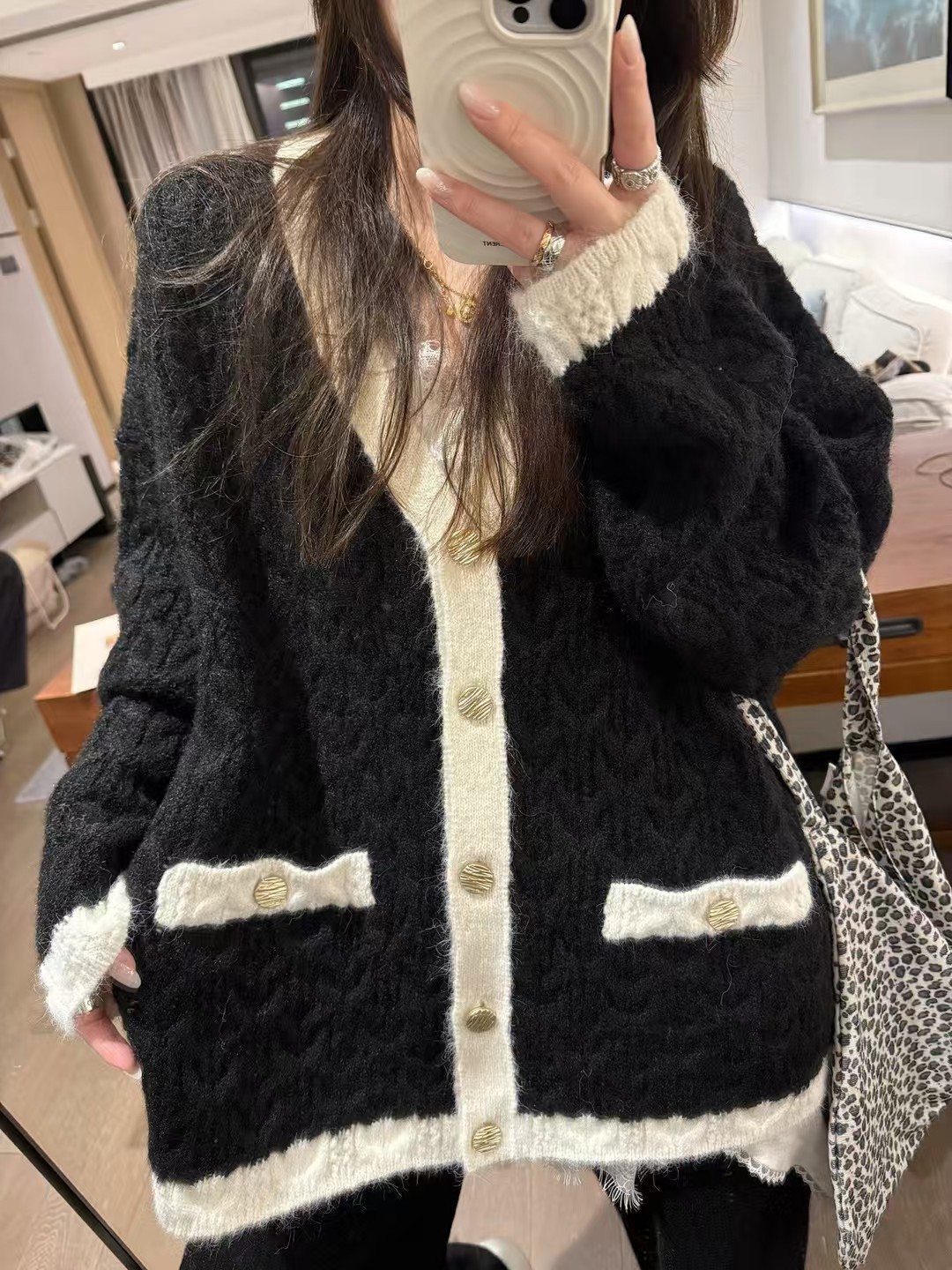 小香風拼色麻花大开衫長褲套裝