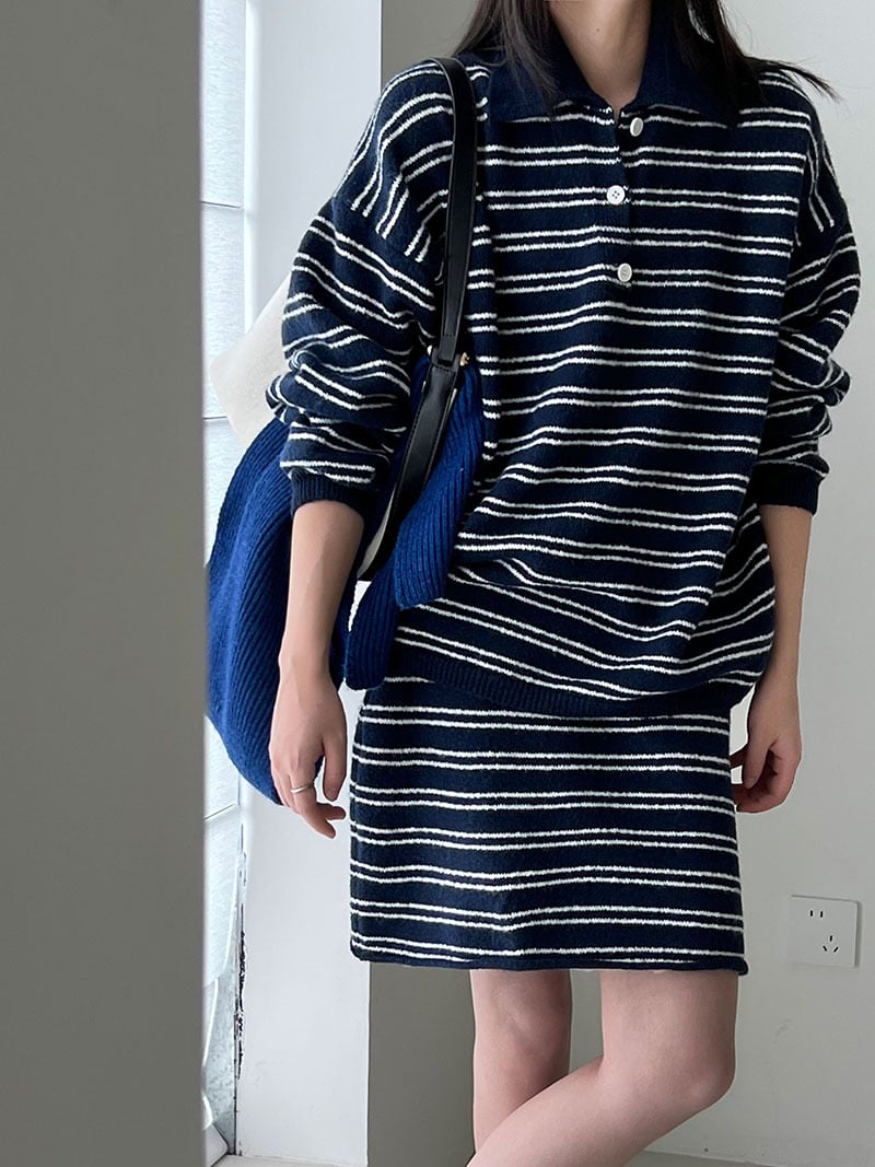 條紋翻領針織衫半身裙套裝