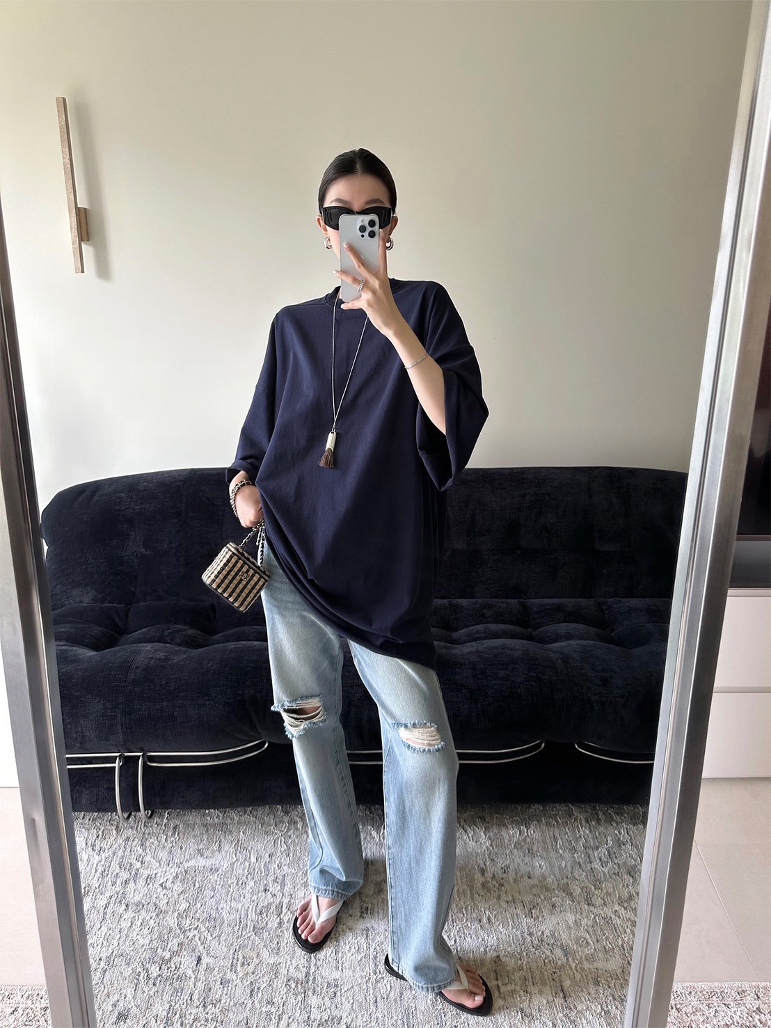 大落肩空氣輪廓中長捲邊T恤