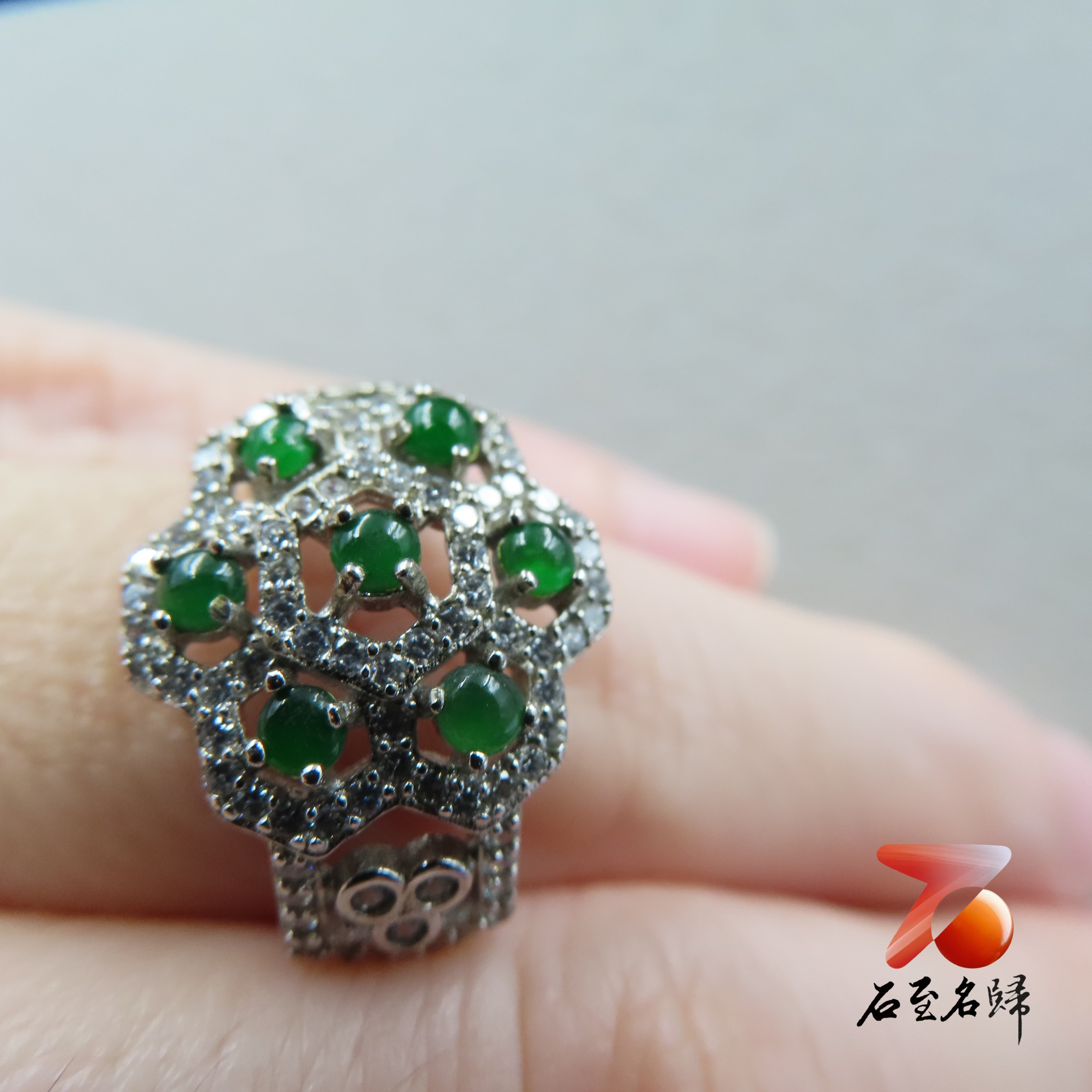 翡翠A貨+925銀【奢華花朵戒指】戒圍可伸縮 附玉石鑑定書