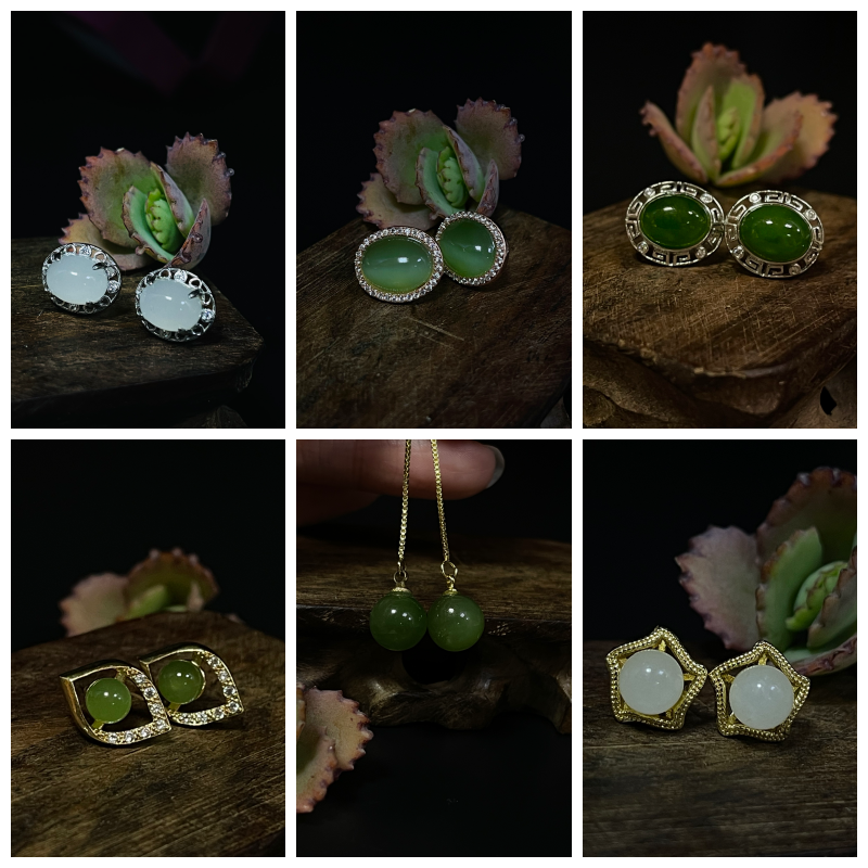 和田玉/貓眼碧玉/碧玉耳針式耳環 附精美收藏禮盒