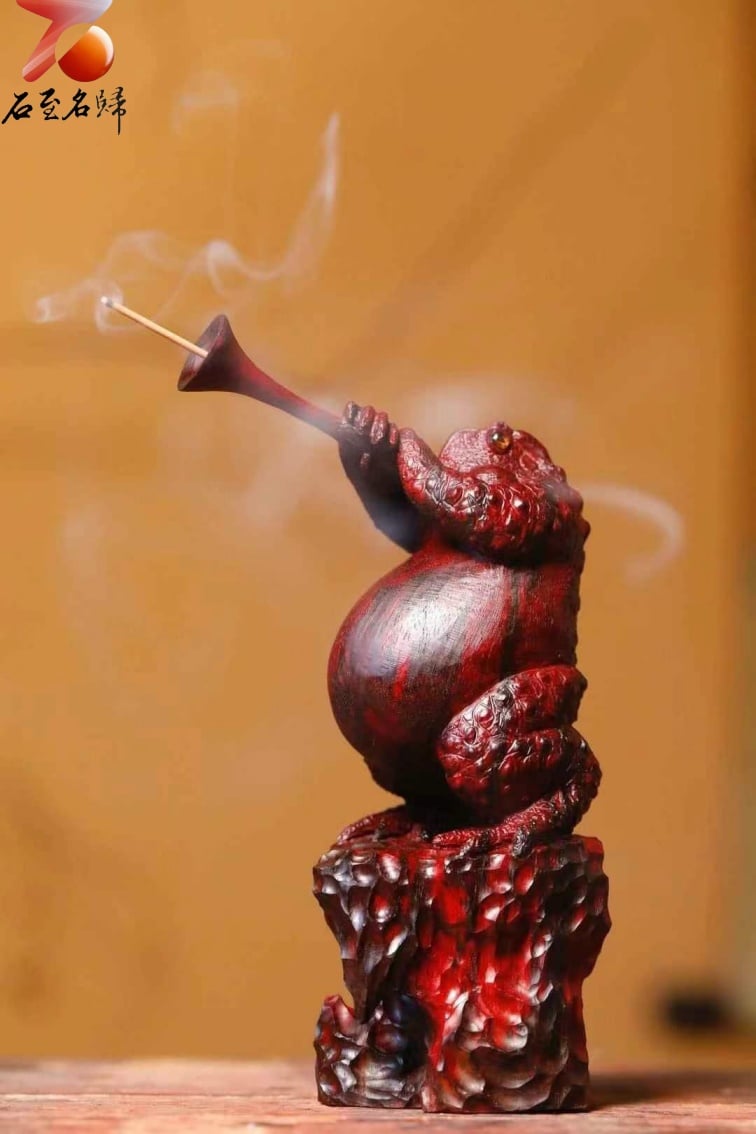 印度小葉紫檀純手工雕 【步步高升，招財進寶蟾蜍香插】