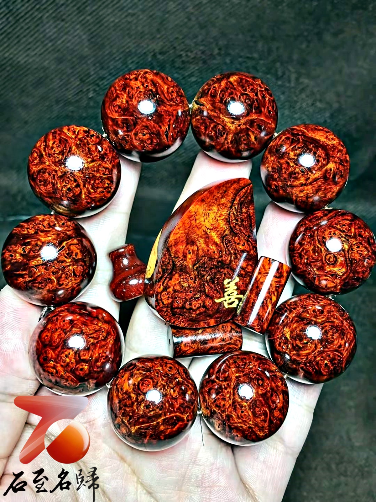 印度小葉紫檀手珠【善】 滿瘤疤+金星 25mm×10顆