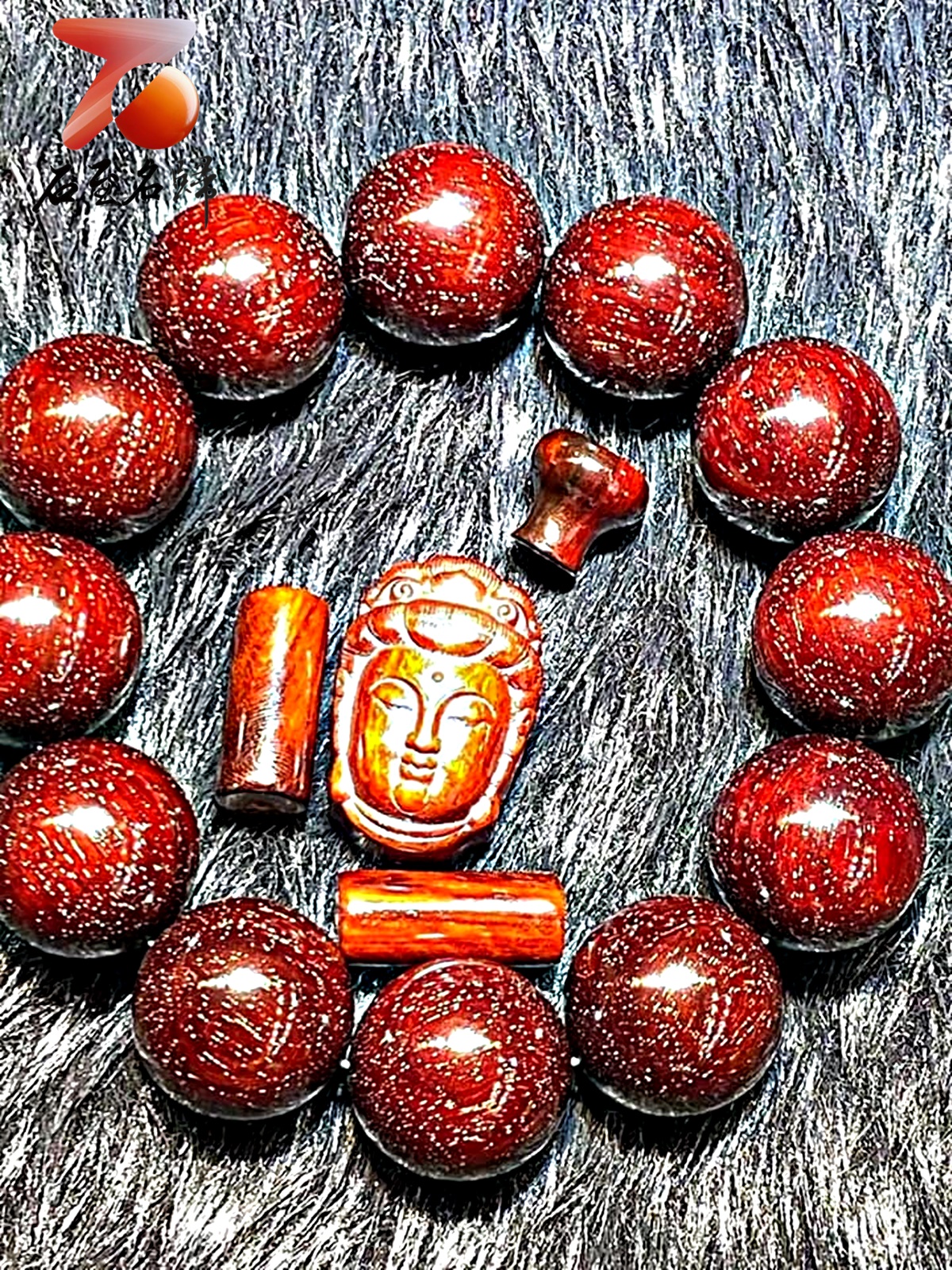 印度小葉紫檀雞血紅泥料360度 爆滿金星20mm手珠