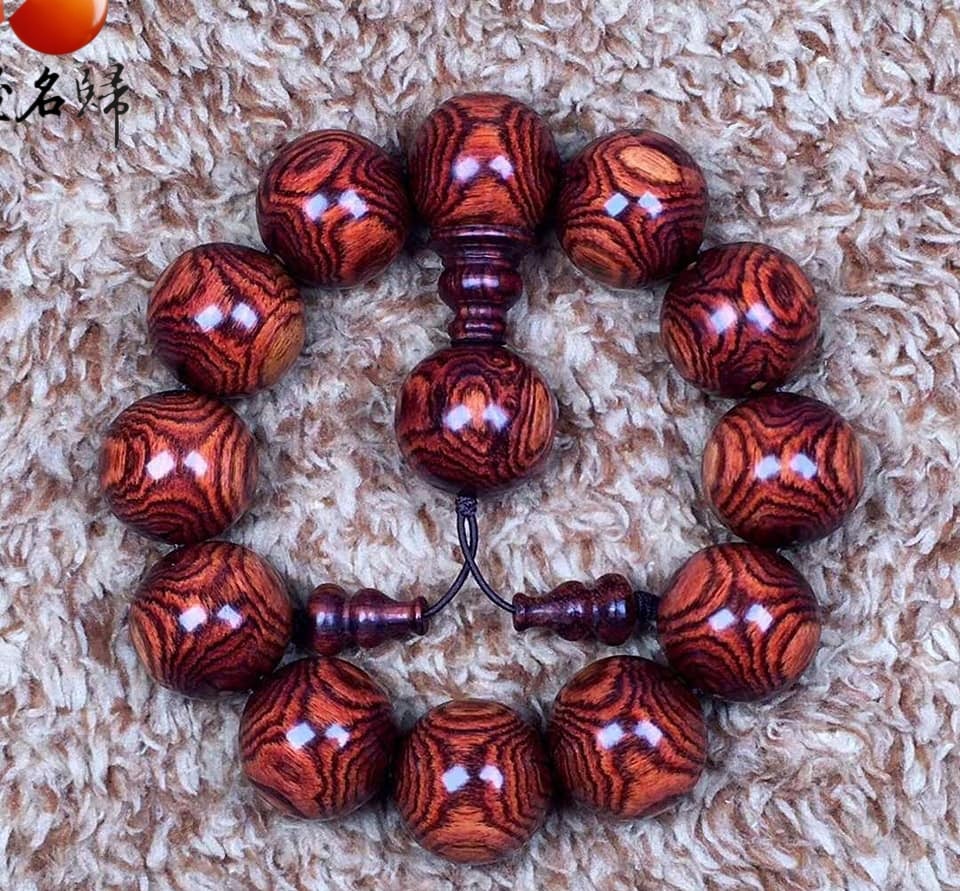 海南黃花梨野生料 頂級虎皮紋對眼鬼臉20mm手珠 重量50.9克