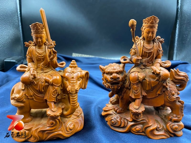 古件【文殊普賢菩薩套組】 附精美收藏禮盒 文殊菩薩高度約13.5公分、普賢菩薩高度約13公分