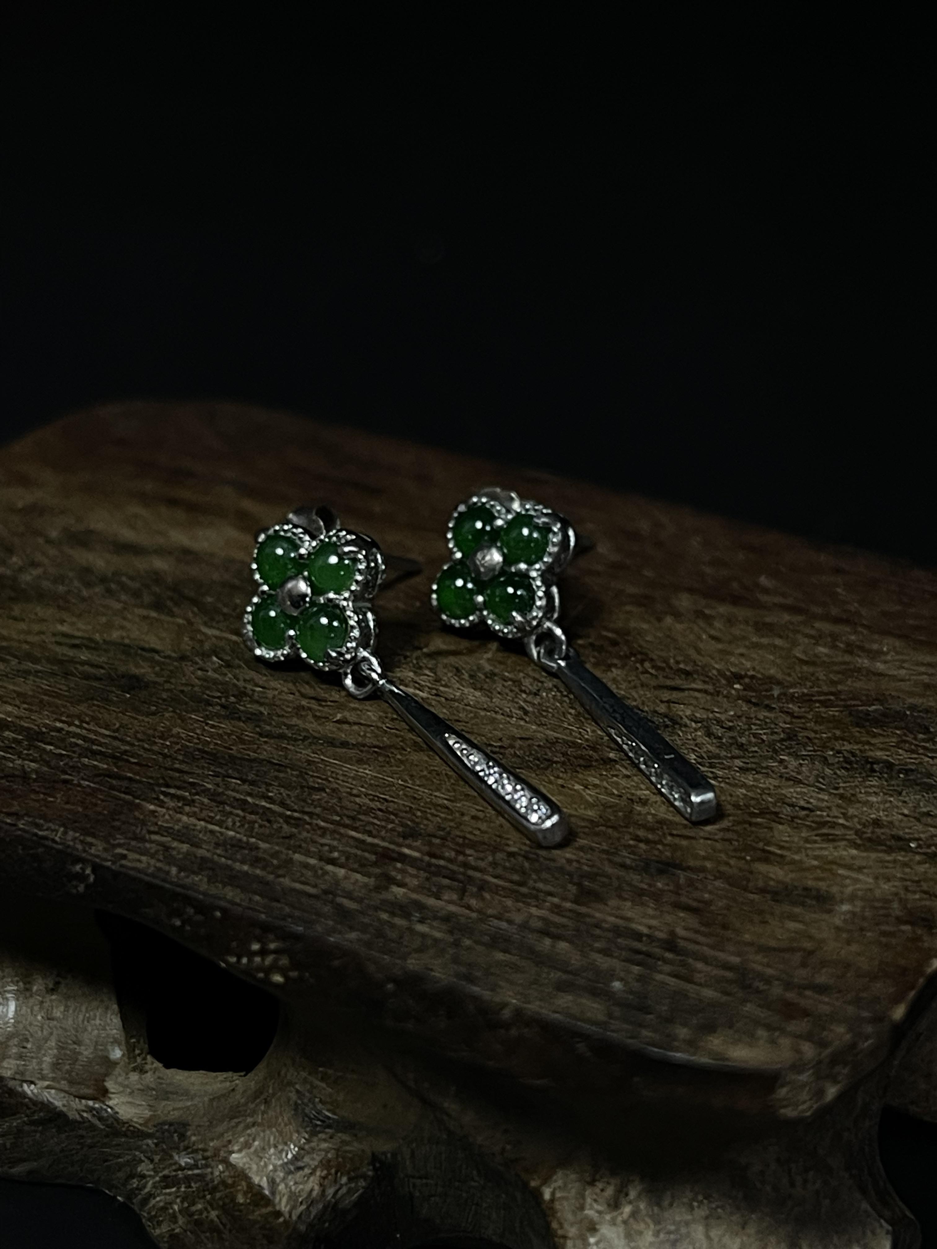 冰種翡翠A貨+925銀【幸運草垂墜耳環】附玉石鑑定書