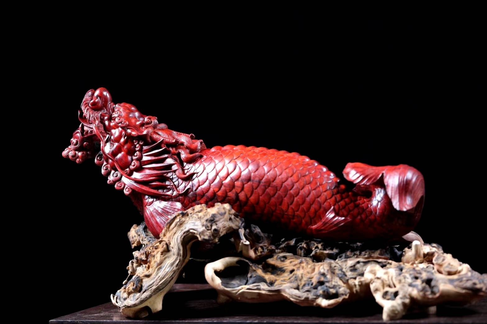 玄關招財風水擺件 印度小葉紫檀 名家手稿【魚化龍】