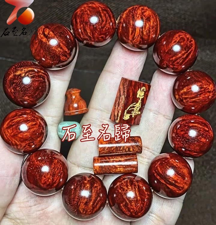 印度小葉紫檀老料炫彩瘤疤+金星20mm手珠【佛手】
