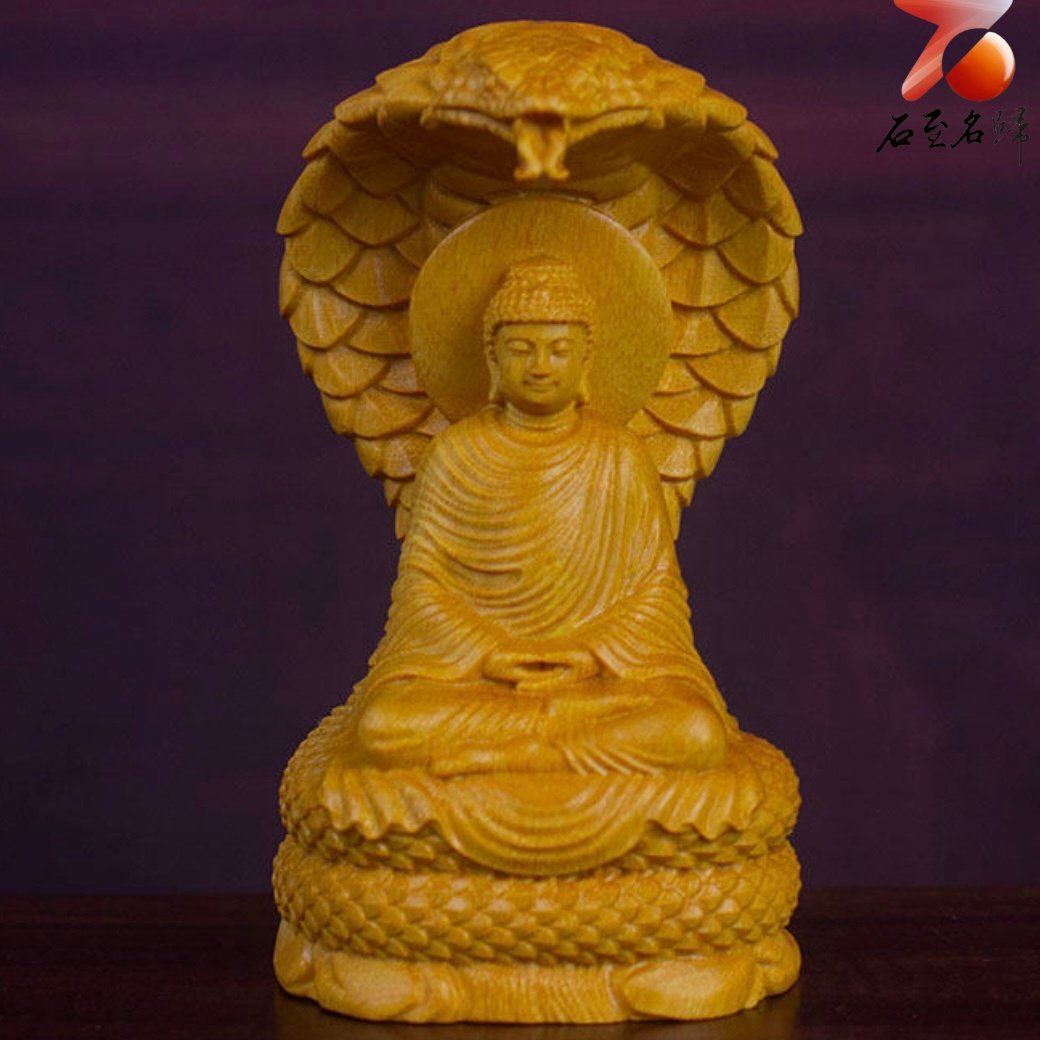 黃楊木雕件【靈蛇釋迦牟尼佛】高12.5公分