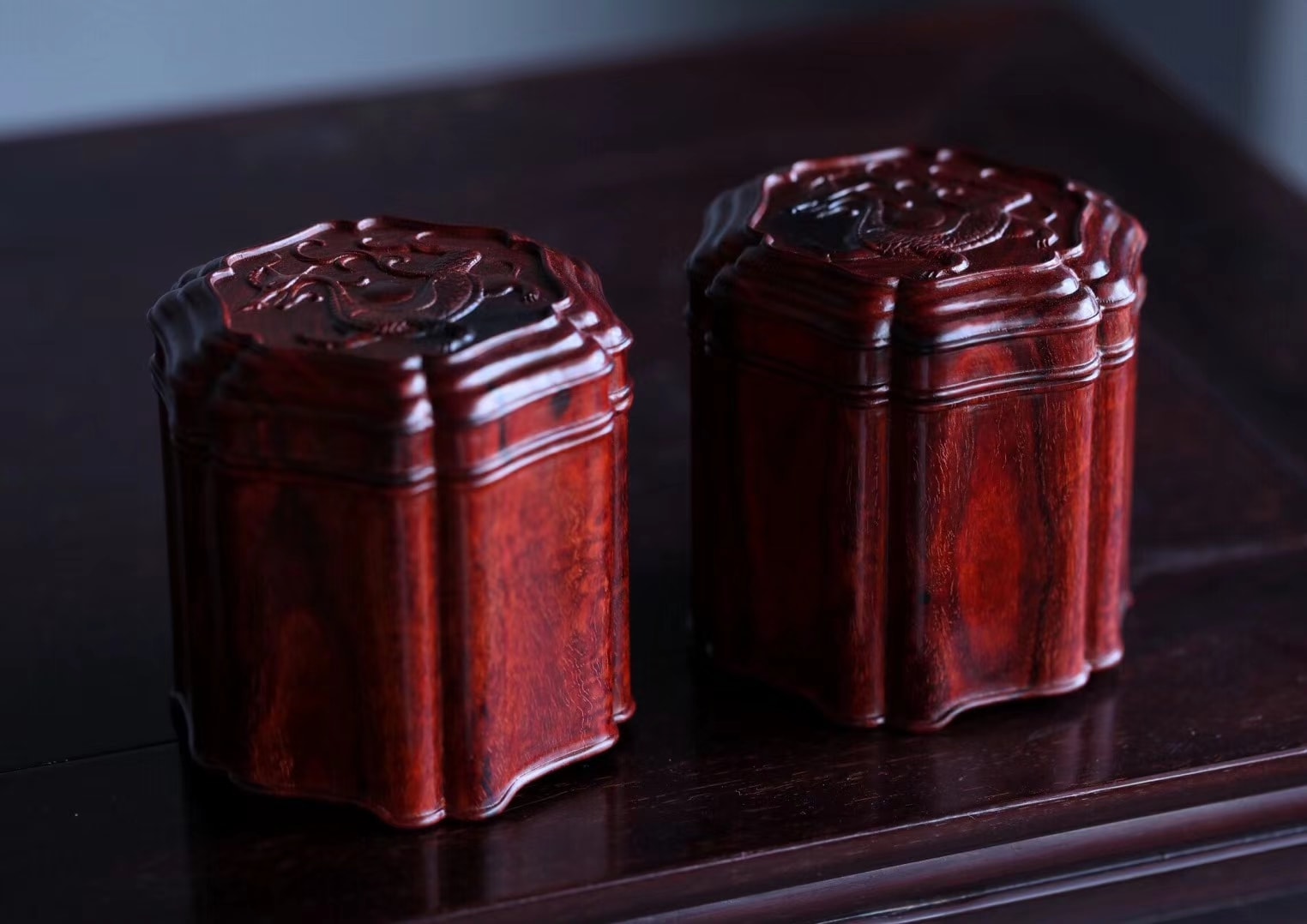 印度小葉紫檀整料純手工雕刻【招財螭龍-茶葉罐一對】