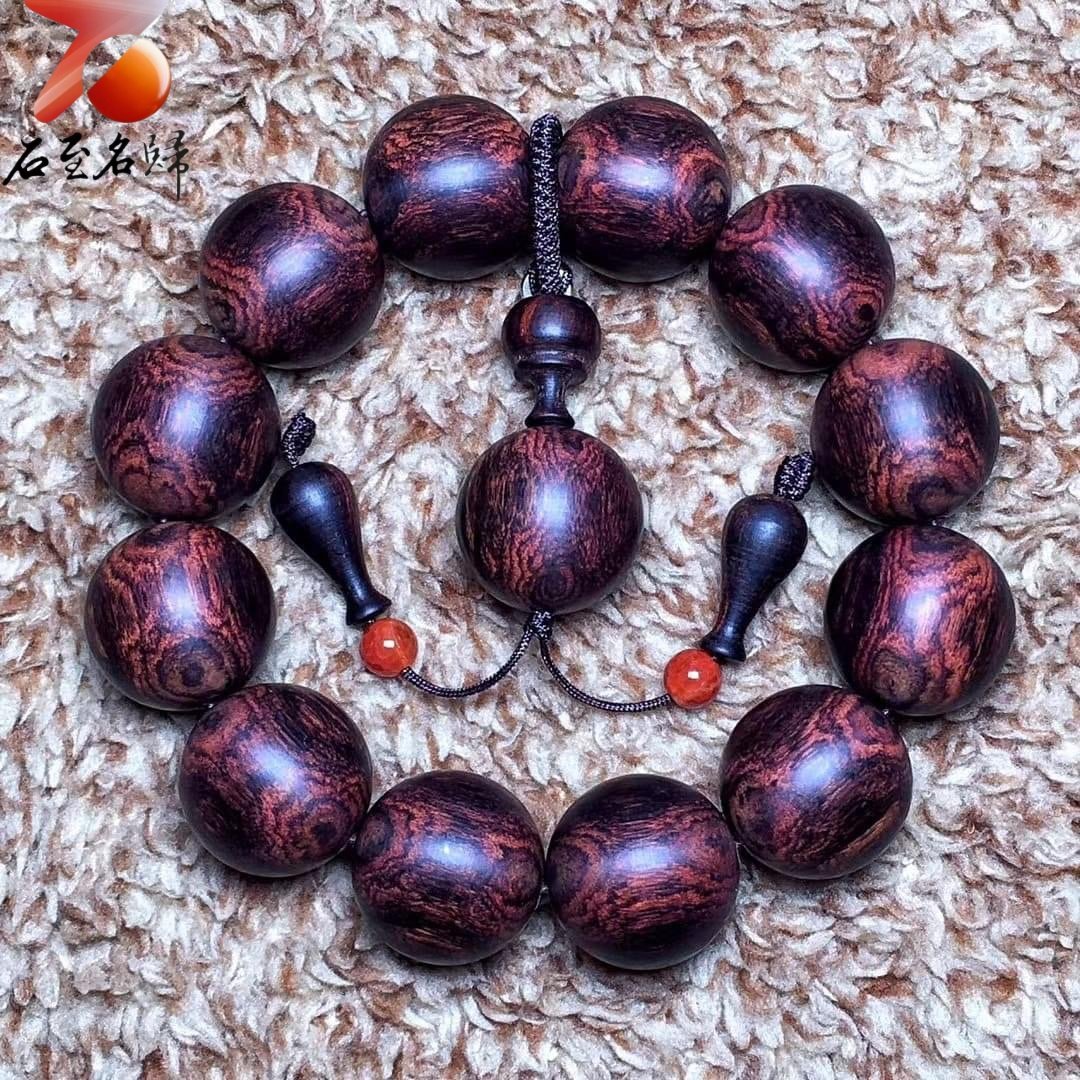 臻藏 限量一木二串 海南黃花梨絕品紫油梨老料 X紋對眼鬼臉20mm手珠 重量54.2克 / 54克