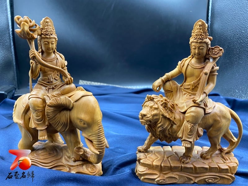 小葉黃楊木【文殊普賢菩薩套組】 附精美收藏禮盒 高度約17公分