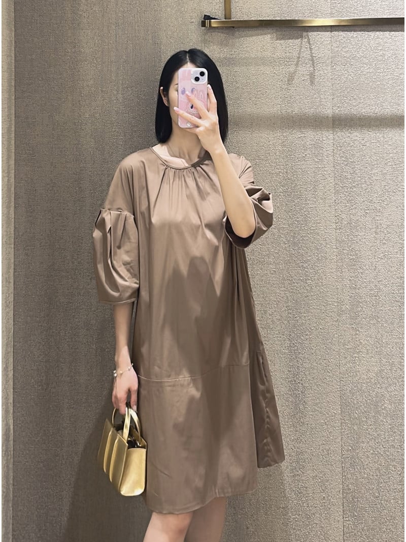 S MaxMara圓領泡泡袖摺飾洋裝