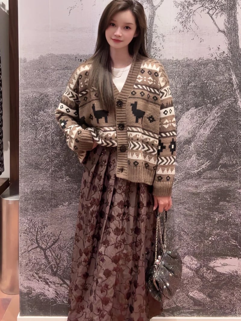 WEEKEND羊駝毛羊毛混紡提花開襟衫