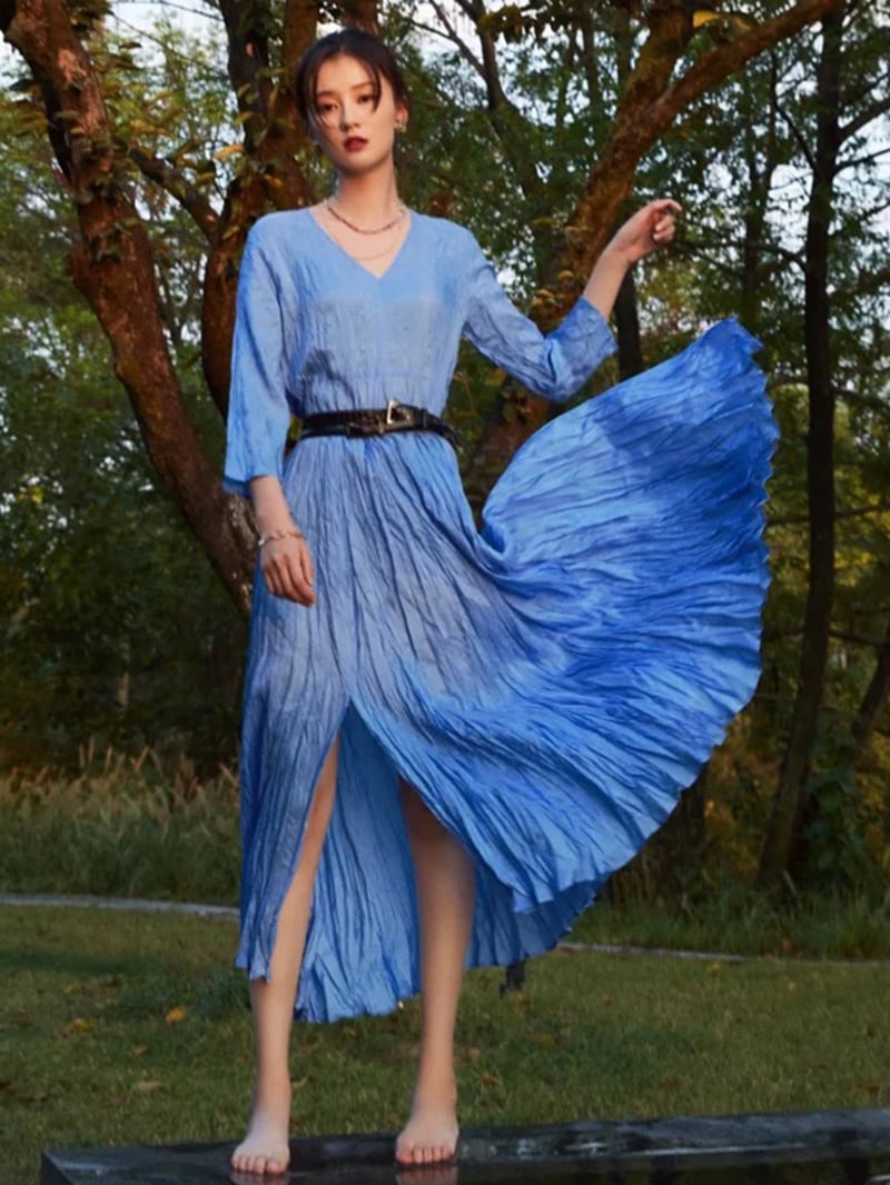 現貨MAX&Co.真絲V領光澤皺摺洋裝