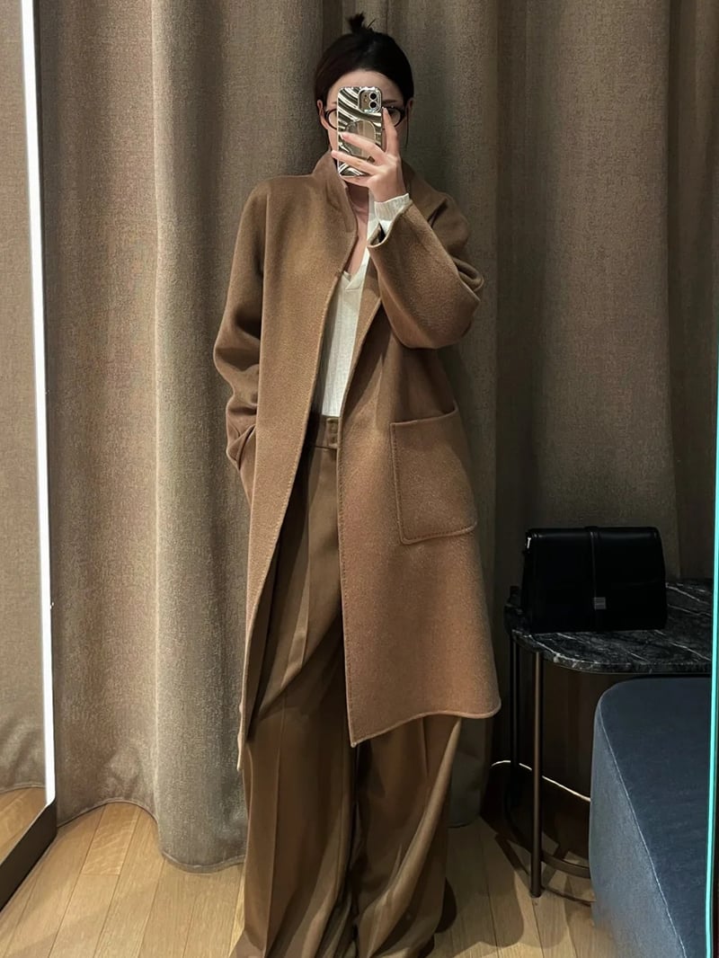 MaxMara經典款雙層羊絨立領開襟大衣