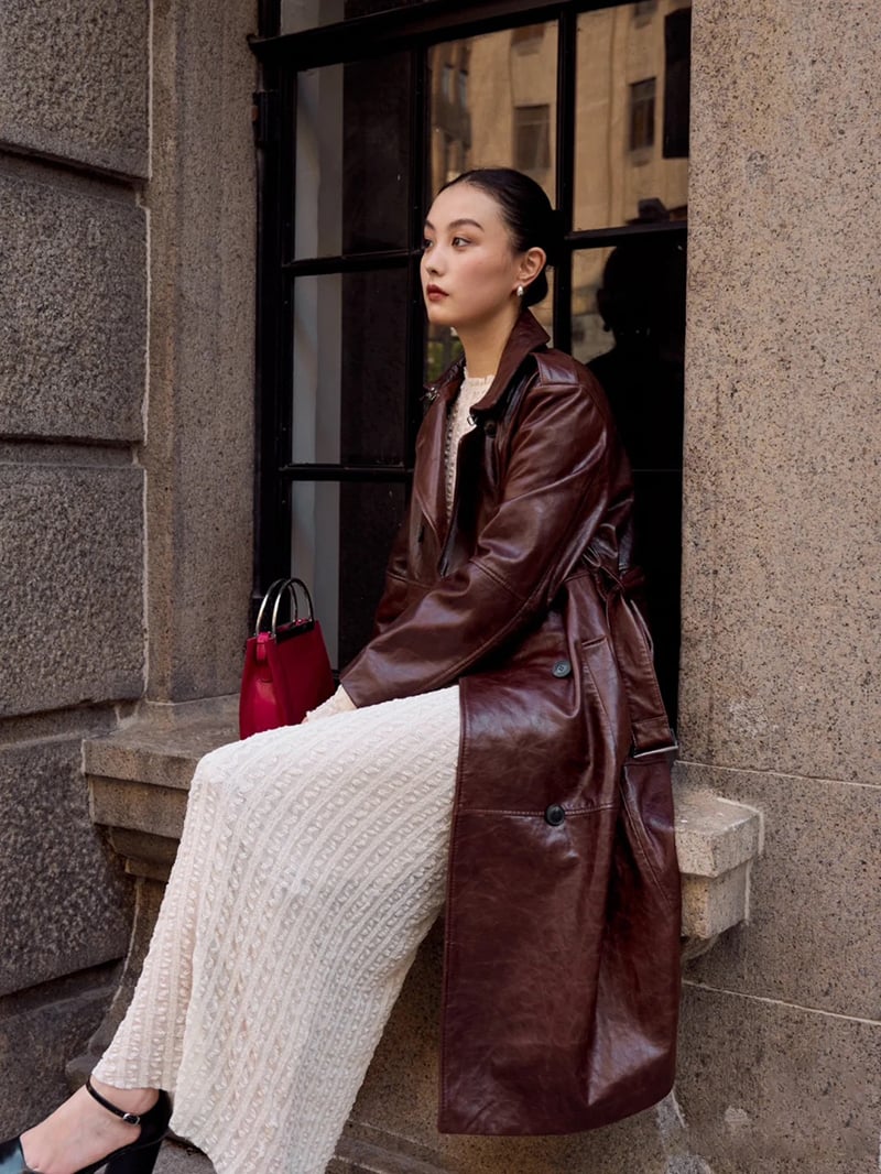 MAX&Co.羊皮雙排扣亮面皮大衣