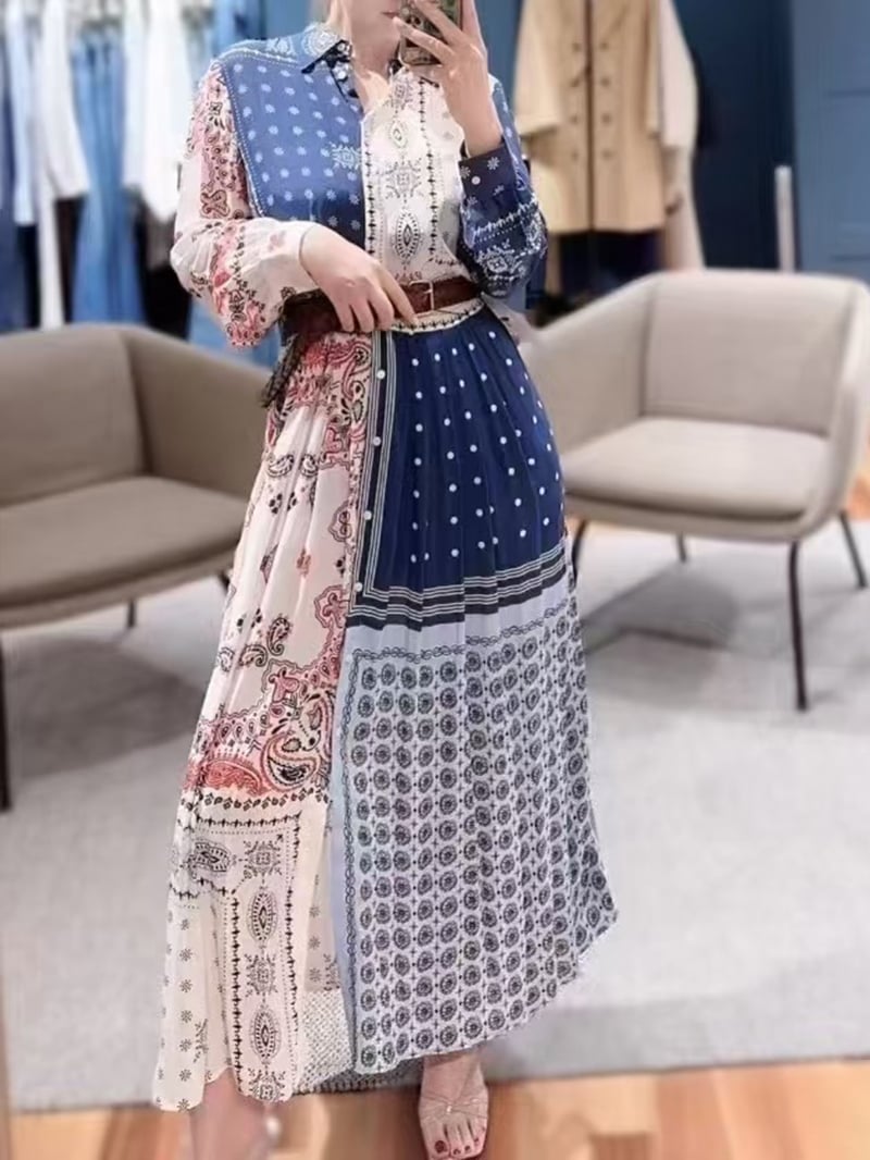 WEEKEND撞色印花百褶襯衫裙