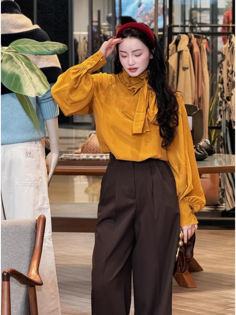 WEEKEND真絲木耳邊領泡泡袖襯衫