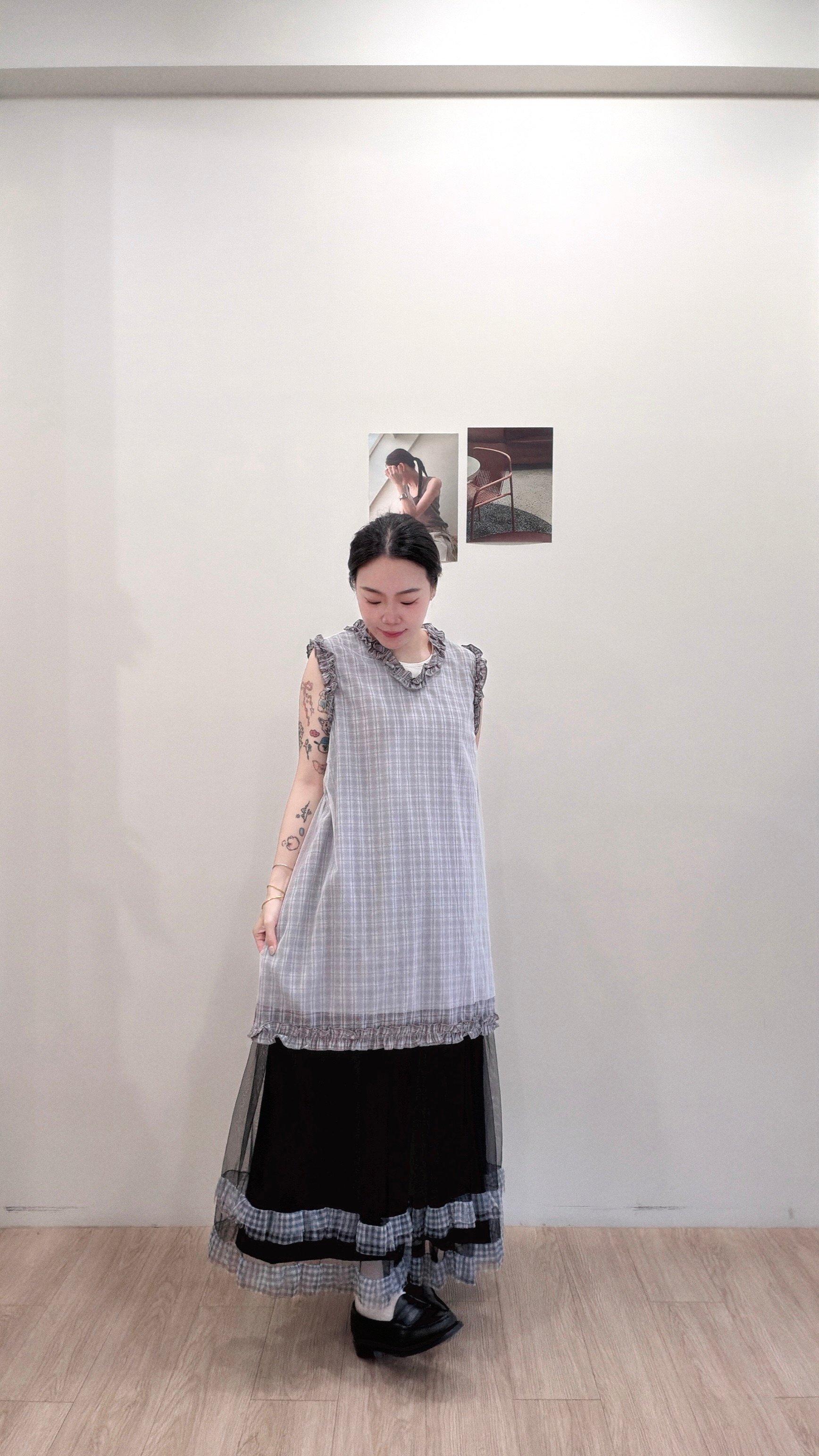 設計感格子網紗背心