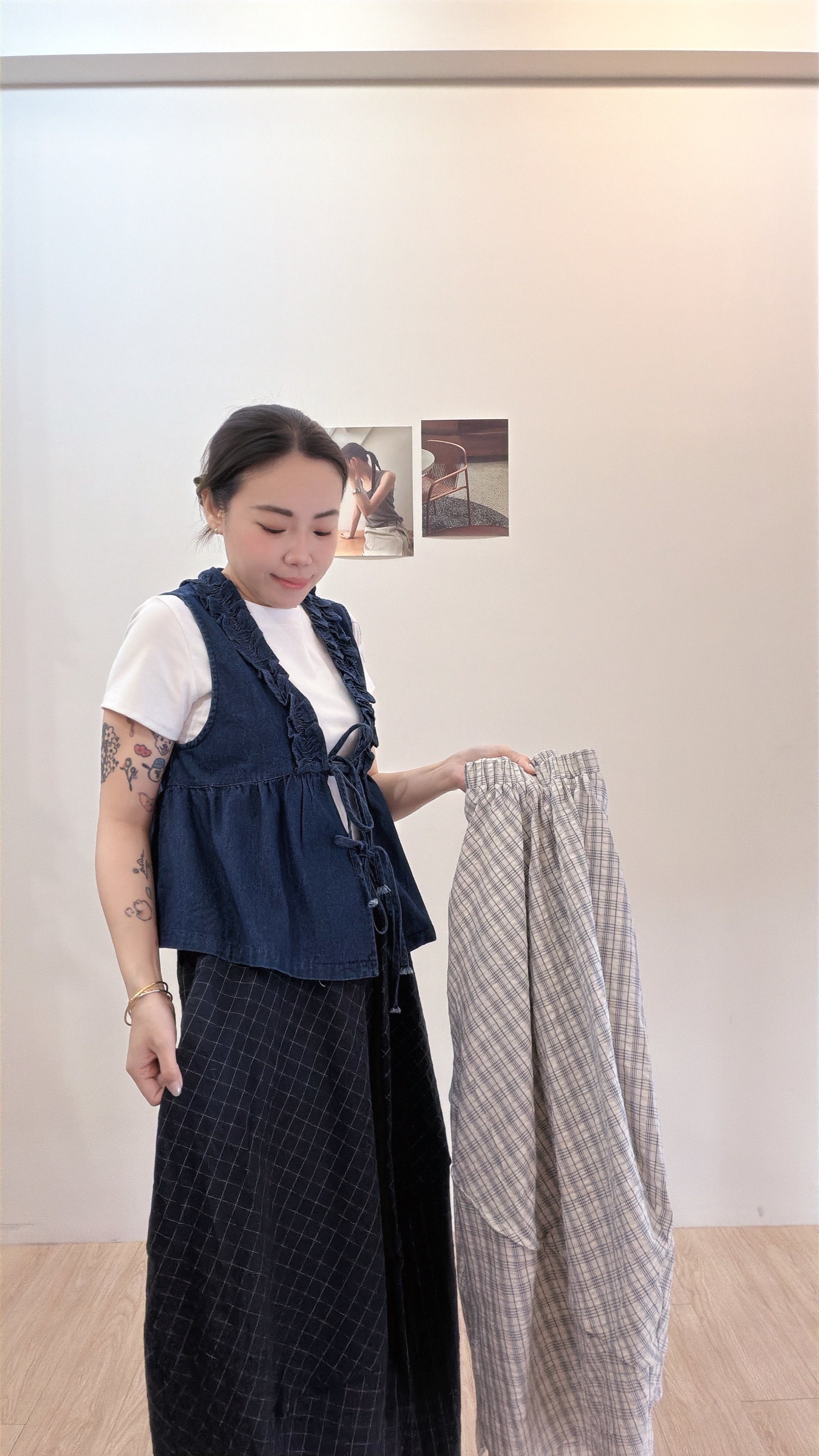口袋格紋廓形裙
