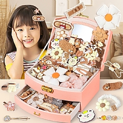 女孩飾禮盒化妝品盒134件-奶咖色【2層髮飾盒】送禮袋(影片必看)