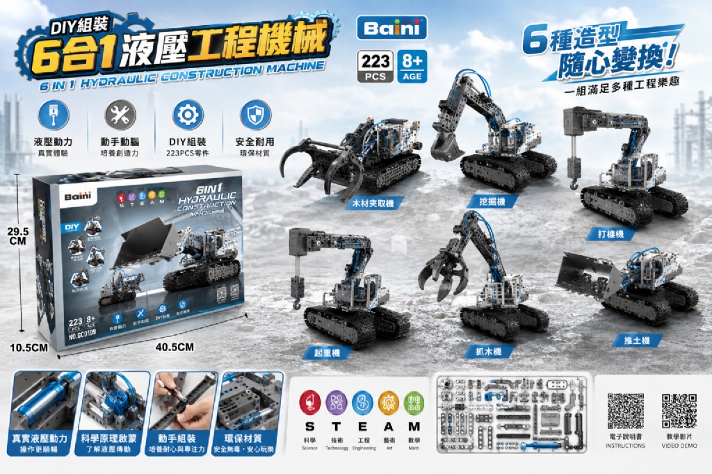 6合1液壓動力工程車GC0109 DIY液壓機械手臂工程車 STEM兒童益智組裝玩具(影片必看)