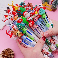 聖誕新款聖誕原子筆六色按動彩色手帳筆學生獎品 卡通聖誕老人(不挑款)