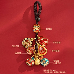 新年財神爺鑰匙圈一家三口四口吞金獸古法鑰匙鏈掛件