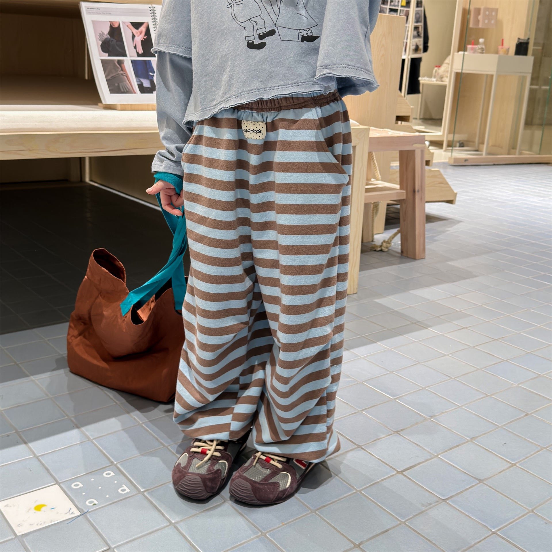 韓系粗條紋縮口休閒棉褲