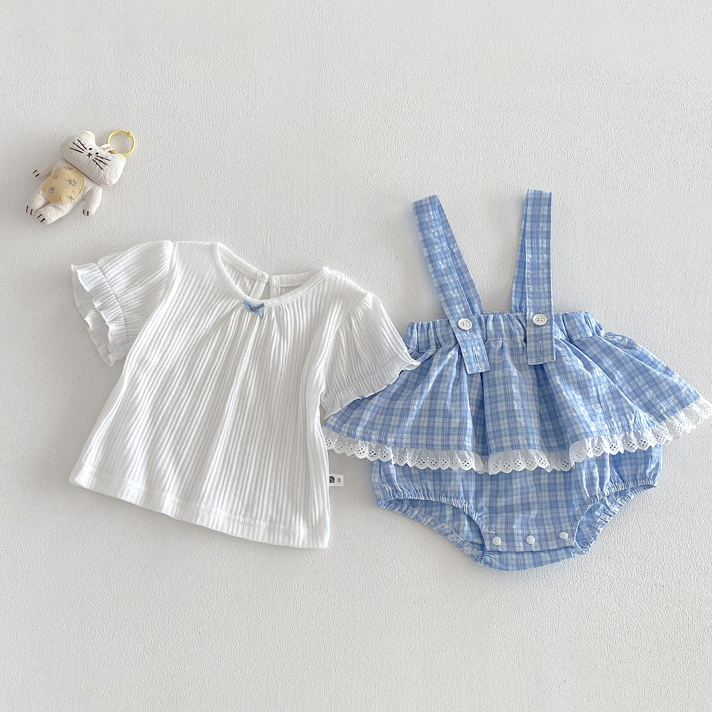 小清新格子吊帶兩件套包屁衣