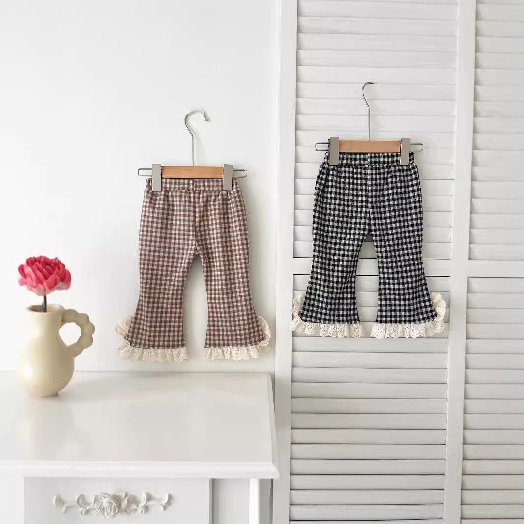 韓系格子蕾絲花邊喇叭褲