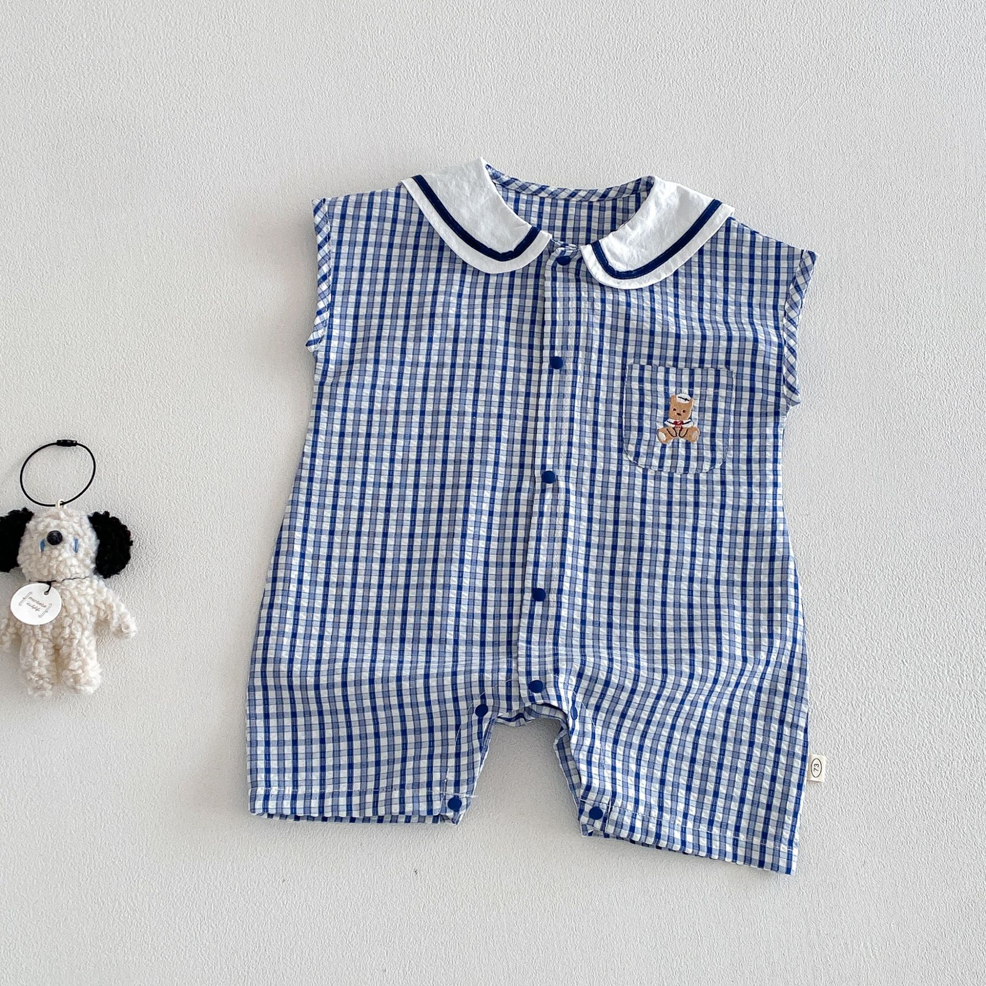 小海軍刺繡熊格子爬服