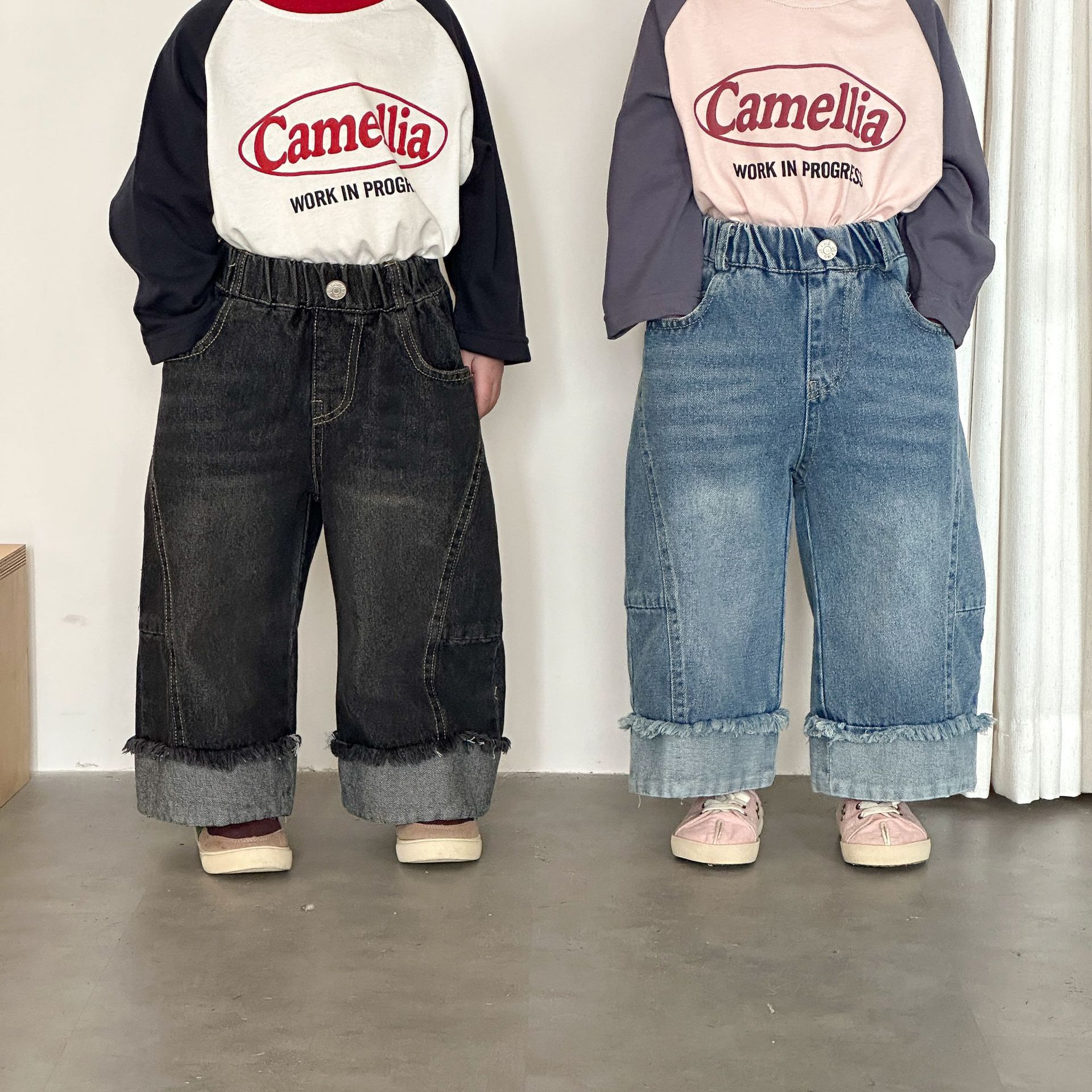 推 ♡ 韓系拼接抽鬚寬牛仔褲