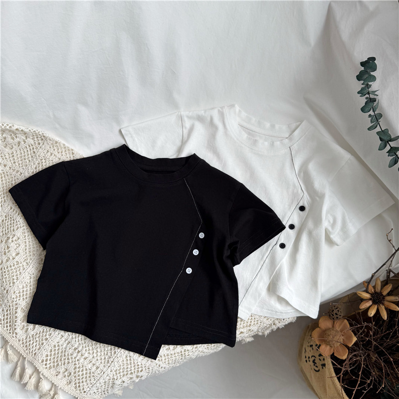 韓系特色斜拼釦上衣