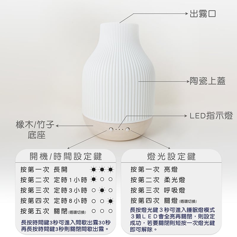 《白玉條紋原木底座香薰機180ml》竹子/橡木