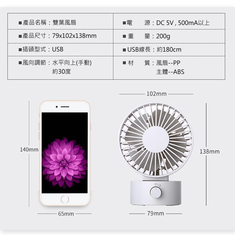 《USB桌上雙葉靜音風扇》無充電功能
