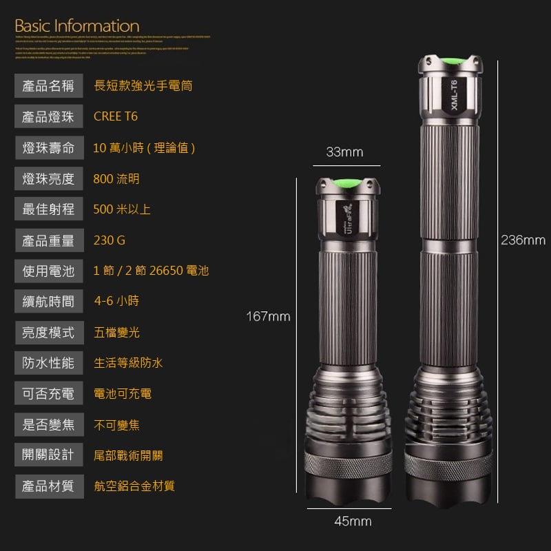 《照明大師 遠射型 T6強光手電筒》大反光杯聚光/26650/戶外搜救