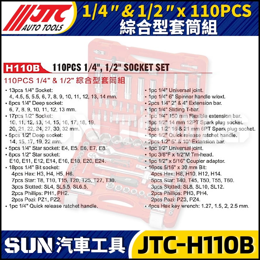 JTC-H110B 110PCS 1/4" 1/2" 綜合型套筒組