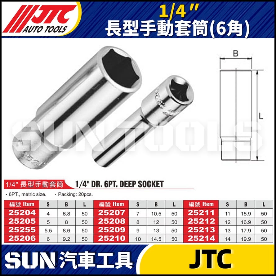 JTC-252 1/4" 長型手動套筒 (6角)