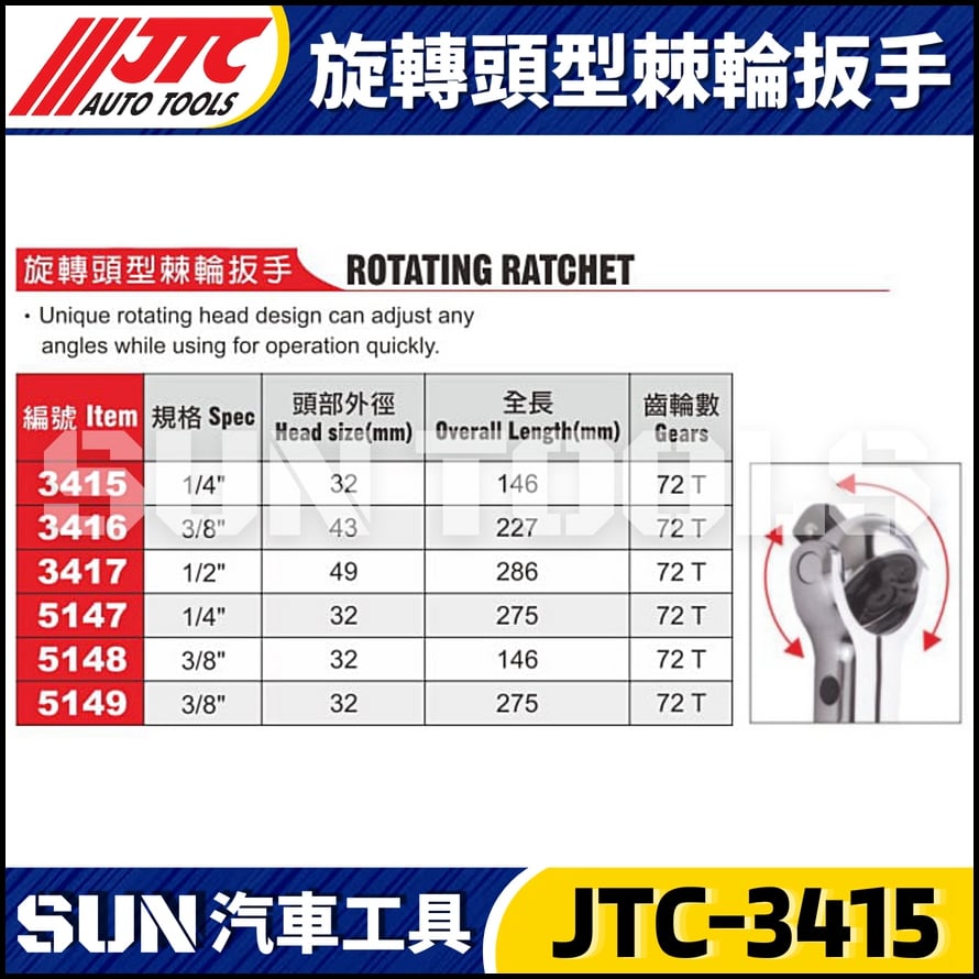 JTC-3415 3416 3417 5147 5148 5149 旋轉頭型棘輪扳手